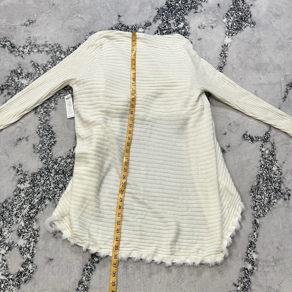 Chico's 3 Ecru Knit Open Cardigan‎ Sweater Fringe Trim Whipstitch Rib - Picture 7 of 15